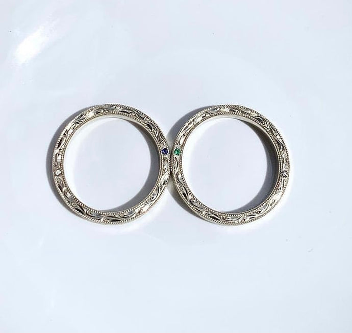 Green for him Blue for her couple rings